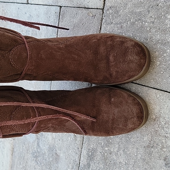 UGG Elsy Wedge Lace Up Brown Leather Sheepskin Lined Boot Size 7 - Picture 10 of 13